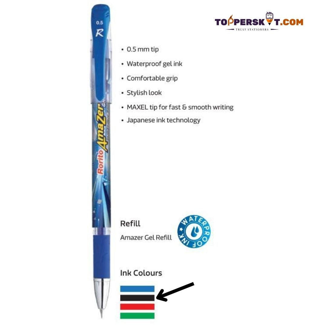 Rorito Amazer Gel Pen – Black: Maxel Tip for Fast & Smooth Writing, Waterproof Ink, Stylish ( Pack of 1 ) Design - Topperskit LLP