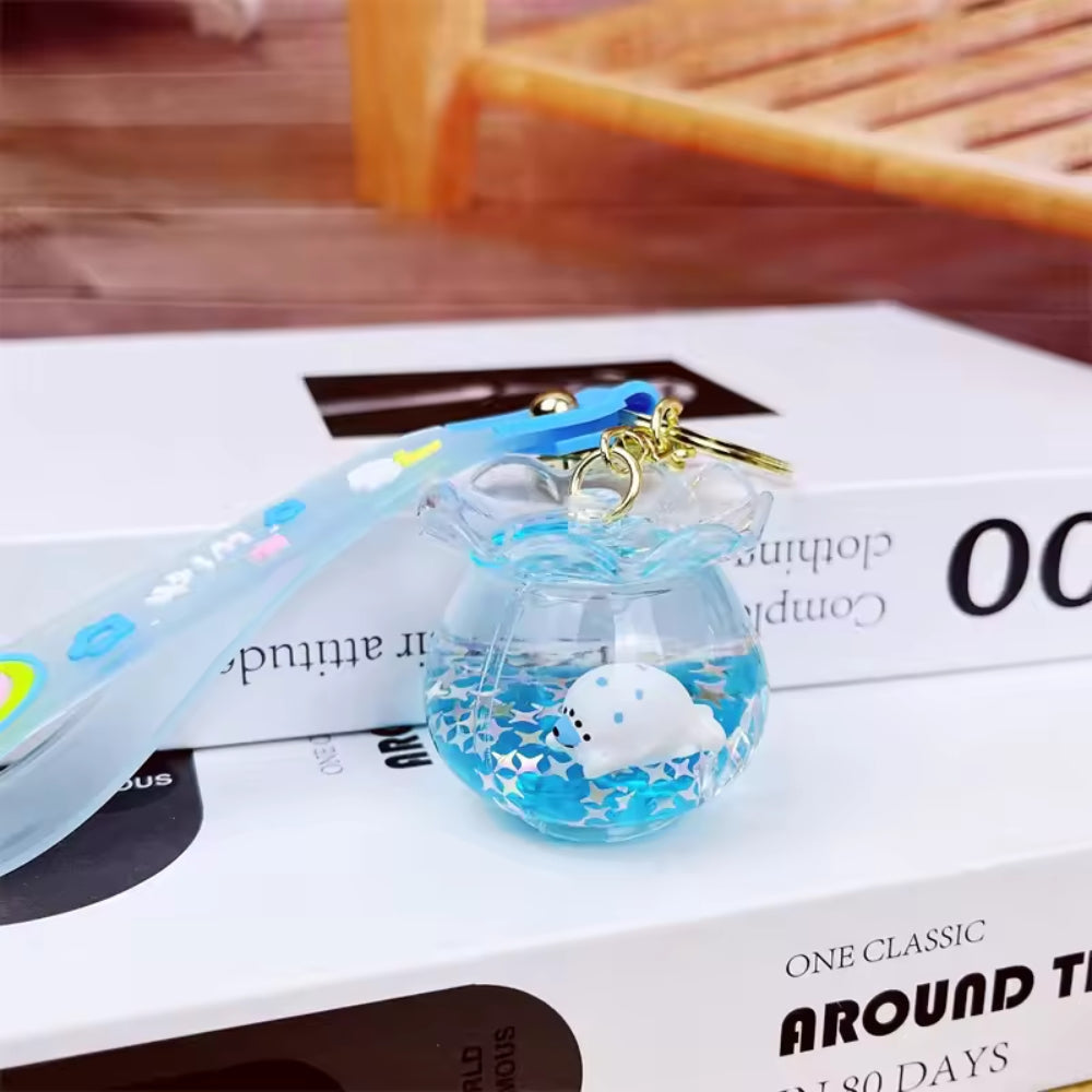Large Cute Ocean Floating Liquid Fish Tank Keychain Bag Pendant (Pack of 1)