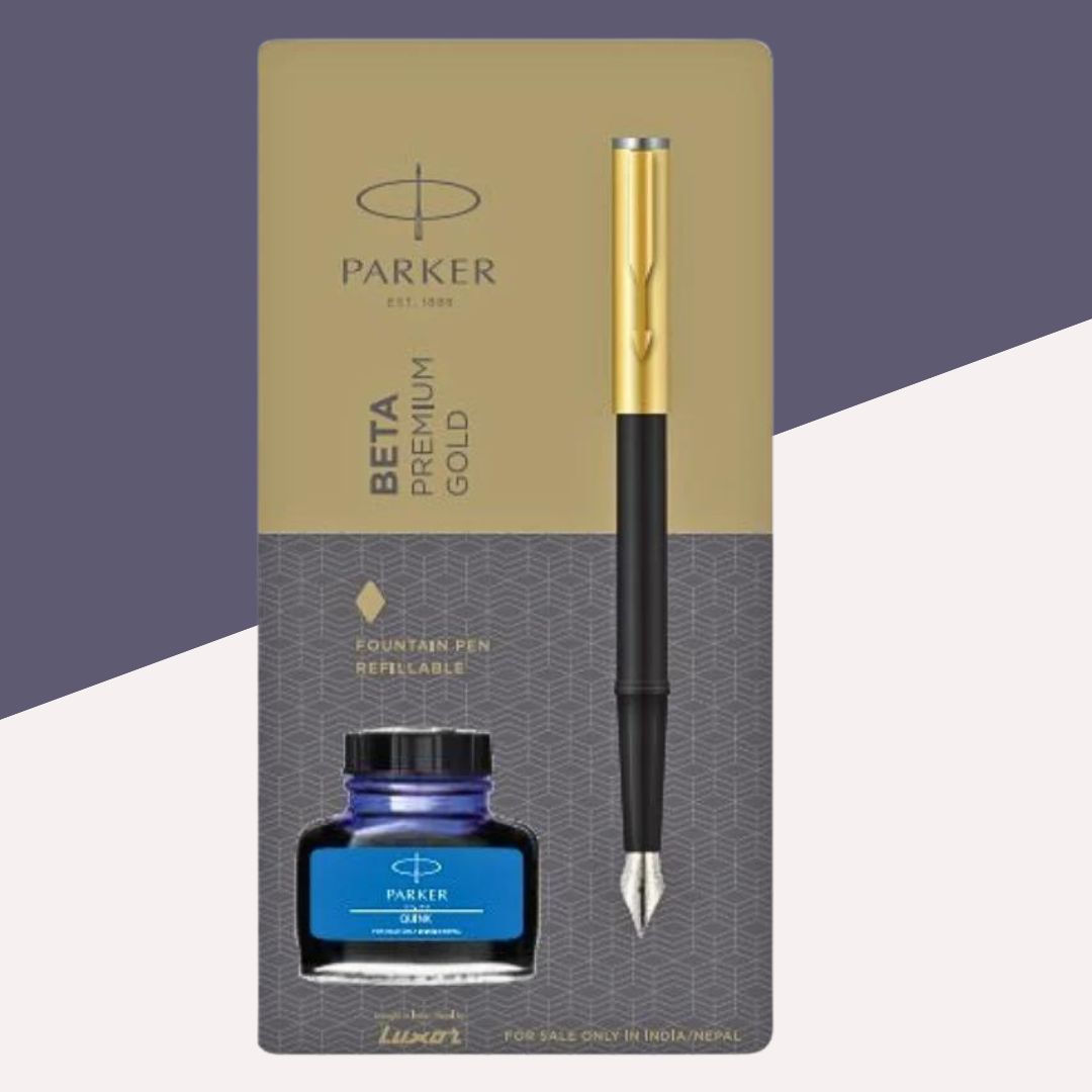 Parker Beta Premium Gold Fountain Pen with Blue Ink Bottle Pack of 1)