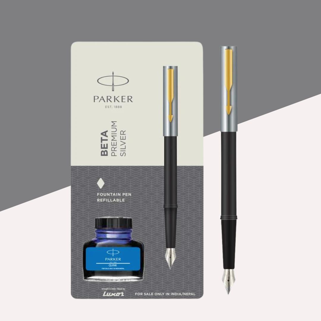 Parker Beta Premium Fountain Pen with blue ink bottle (Pack of