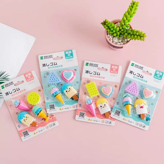 Cute Ice Cream Shape Erasers for Students Cartoon Food Theme Stationery (Pack of 4)