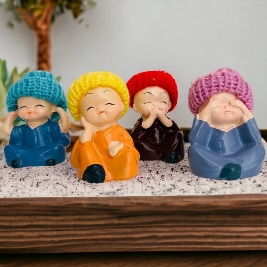 Multicolored  Buddha Monk Statues With The Cap  ( Set Of 4 )
