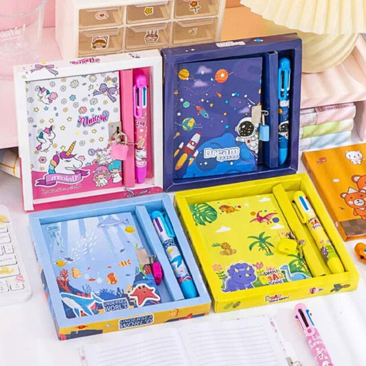 Cartoon Printed Diary with Lock & Key With 6 Refills Pen Set– A6 Size, 60 Pages(Pack of 1)