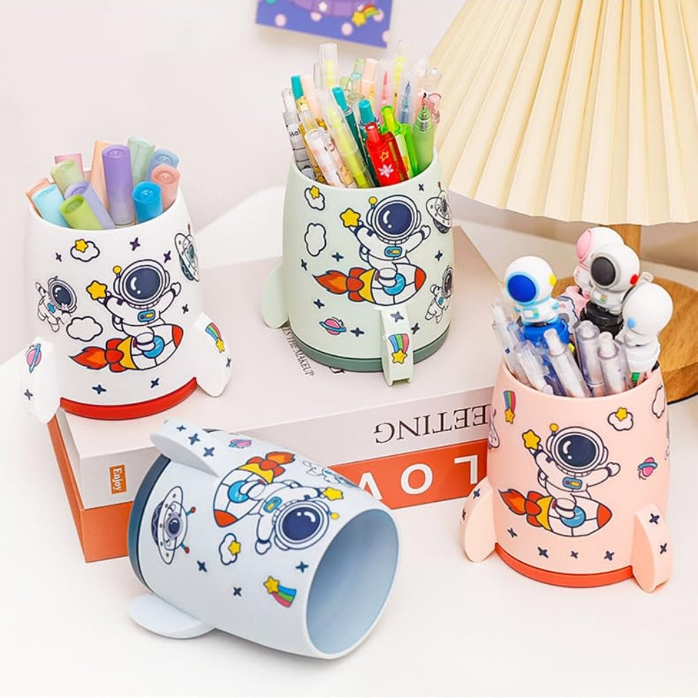 Rocket Shape Plastic Pen Stand with Space-Themed Sticker (Pack of 1)