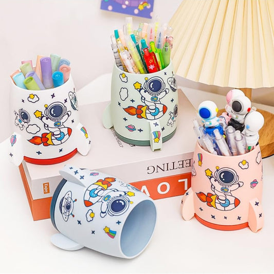 Rocket Shape Plastic Pen Stand with Space-Themed Sticker (Pack of 1)