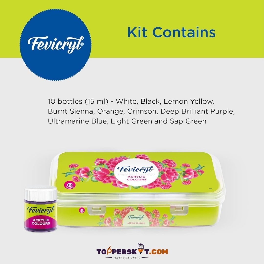 Fevicryl Acrylic Colours - Vibrant Shades : Ignite Your Artistic Passion with Quick-Drying Brilliance ( Pack of 10 ) - Topperskit LLP