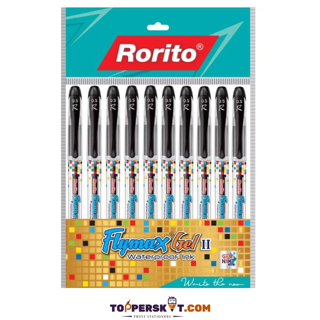 Rorito Flymax Gel 2 Gel Pen – Black: Waterproof Ink, 0.5mm Tip, Soft Grip, Sturdy and Trendy Design ( Pack of 1 ) - Topperskit LLP
