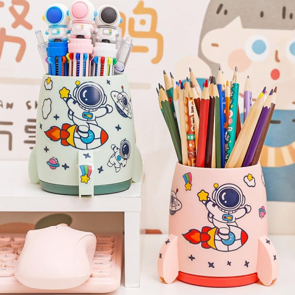 Rocket Shape Plastic Pen Stand with Space-Themed Sticker (Pack of 1)