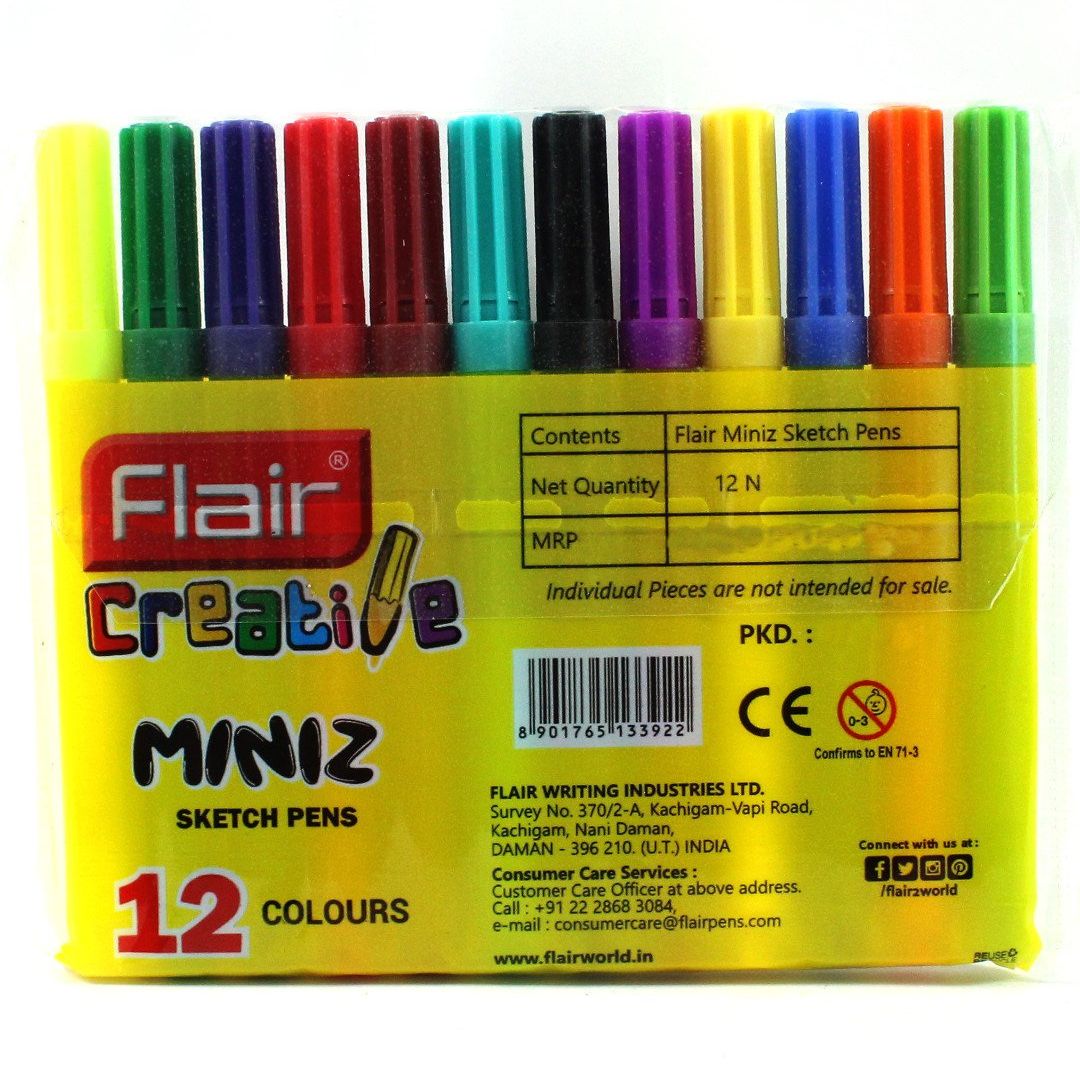 Flair Miniz Sketch Pens: Vibrant Multicolour Sketch & Watercolor Pens for Creative Expression ( Pack of 12 ) - Topperskit LLP