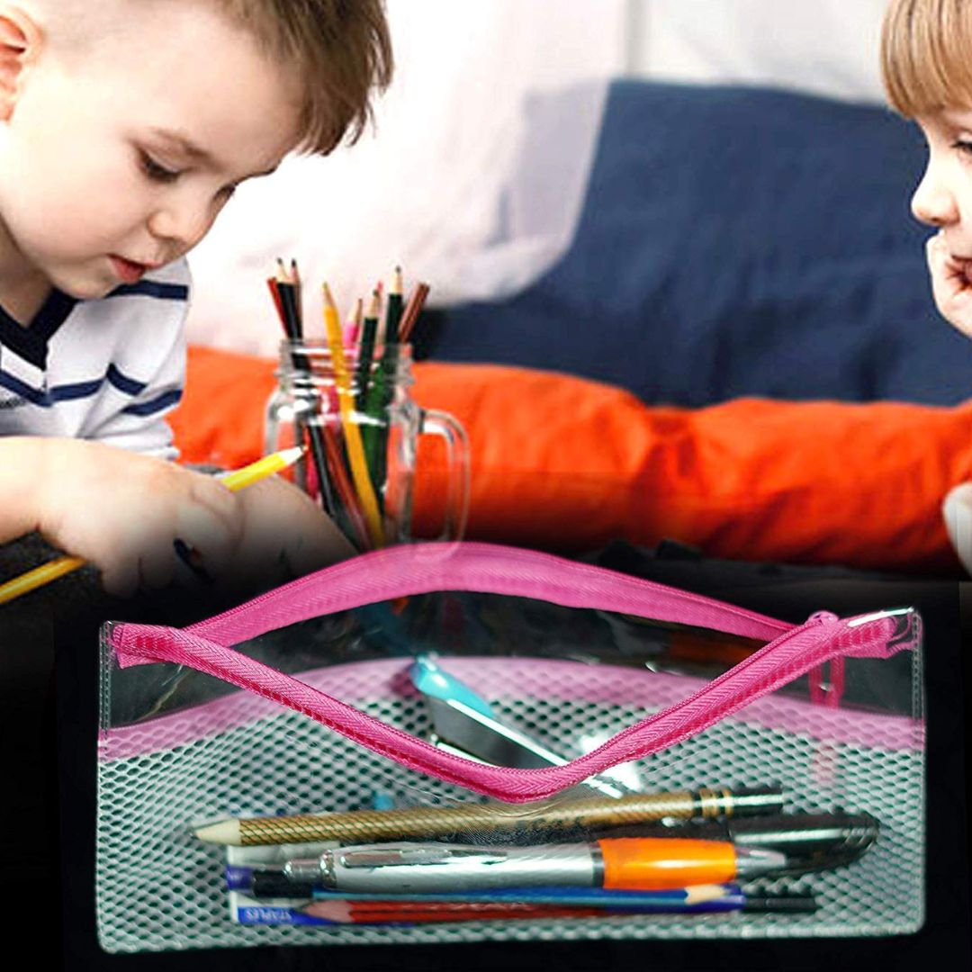 Transparent Pencil Pouch with Net - Small : ClearVue Stationery Organizer ( Pack of 1 ) - Topperskit LLP