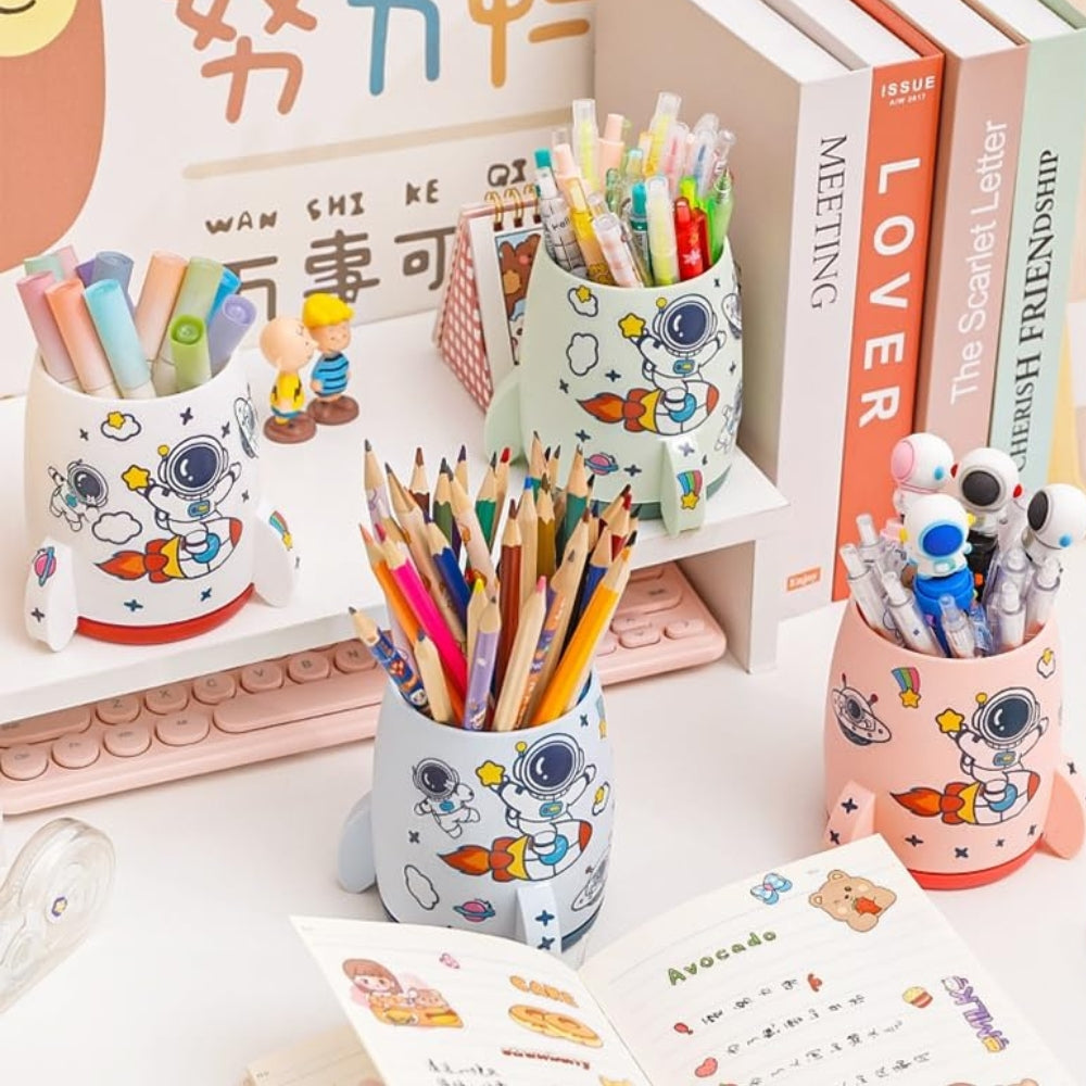 Rocket Shape Plastic Pen Stand with Space-Themed Sticker (Pack of 1)