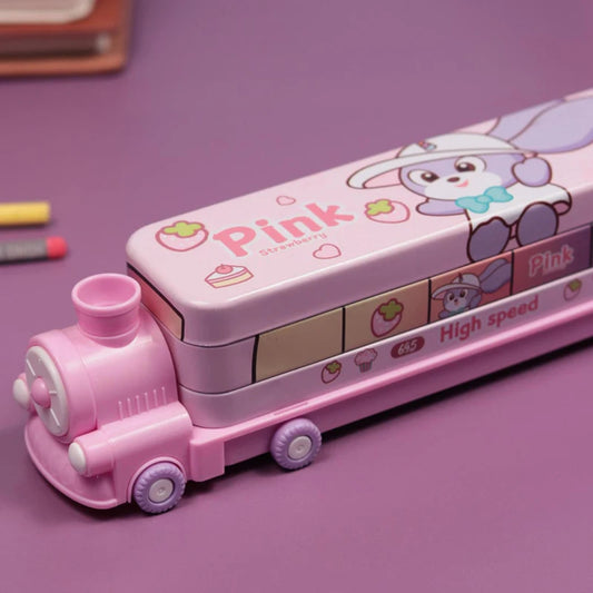 Cute Train Shaped High Quality Pencil Box - Pink (Pack Of 1)