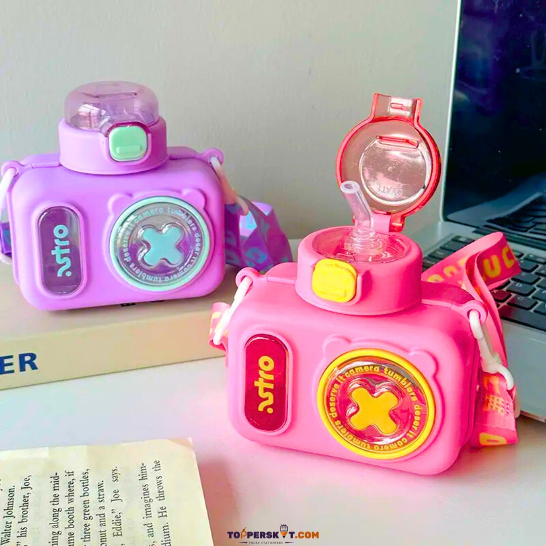 Cute Camera Shape Water Bottle - 600ml BPA-Free Plastic Bottle with Straw (Pack Of 1)