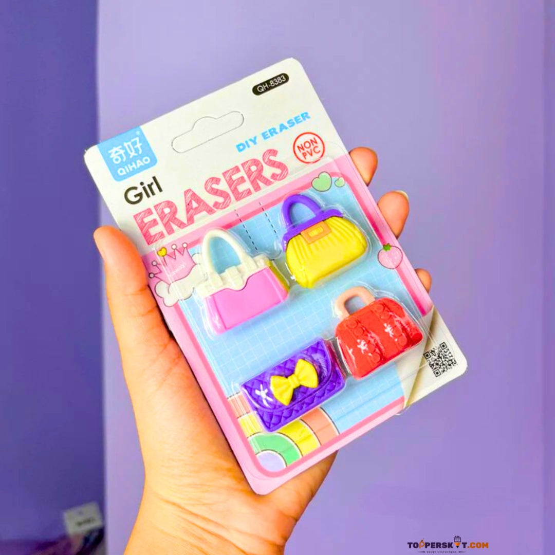 Fancy Girl Erasers – Assorted Designs & Colors (Pack of 4)