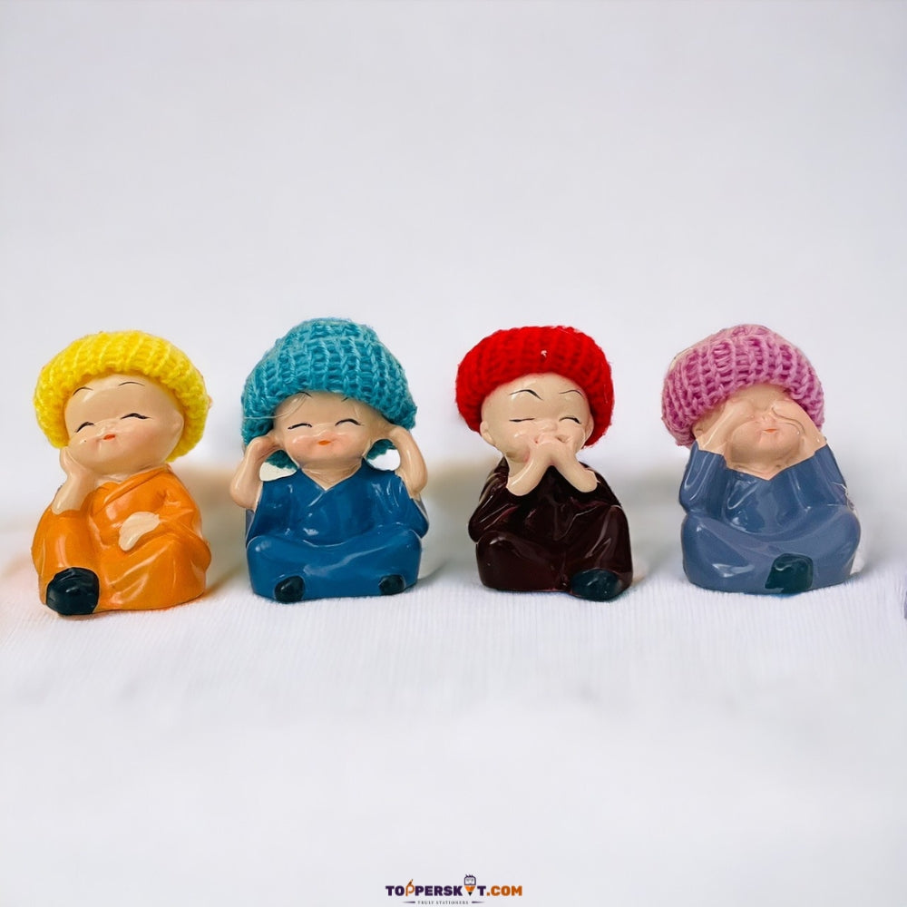 Multicolored Buddha Monk Statues With The Cap ( Set Of 4 )
