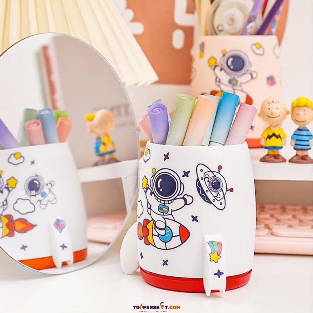 Rocket Shape Plastic Pen Stand with Space-Themed Sticker (Pack of 1)
