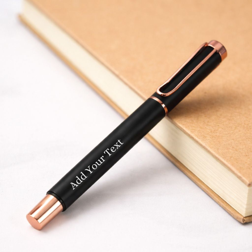 Elegant Matte Black Metal Roller Ball Pen With Luxury Box– Blue Ink (Pack of 1)