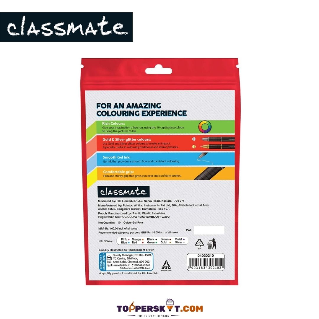 Classmate Octane Colour Gel Pens- Multicolour : Elevate Your Creative Canvas ( Pack of 10 ) - Topperskit LLP