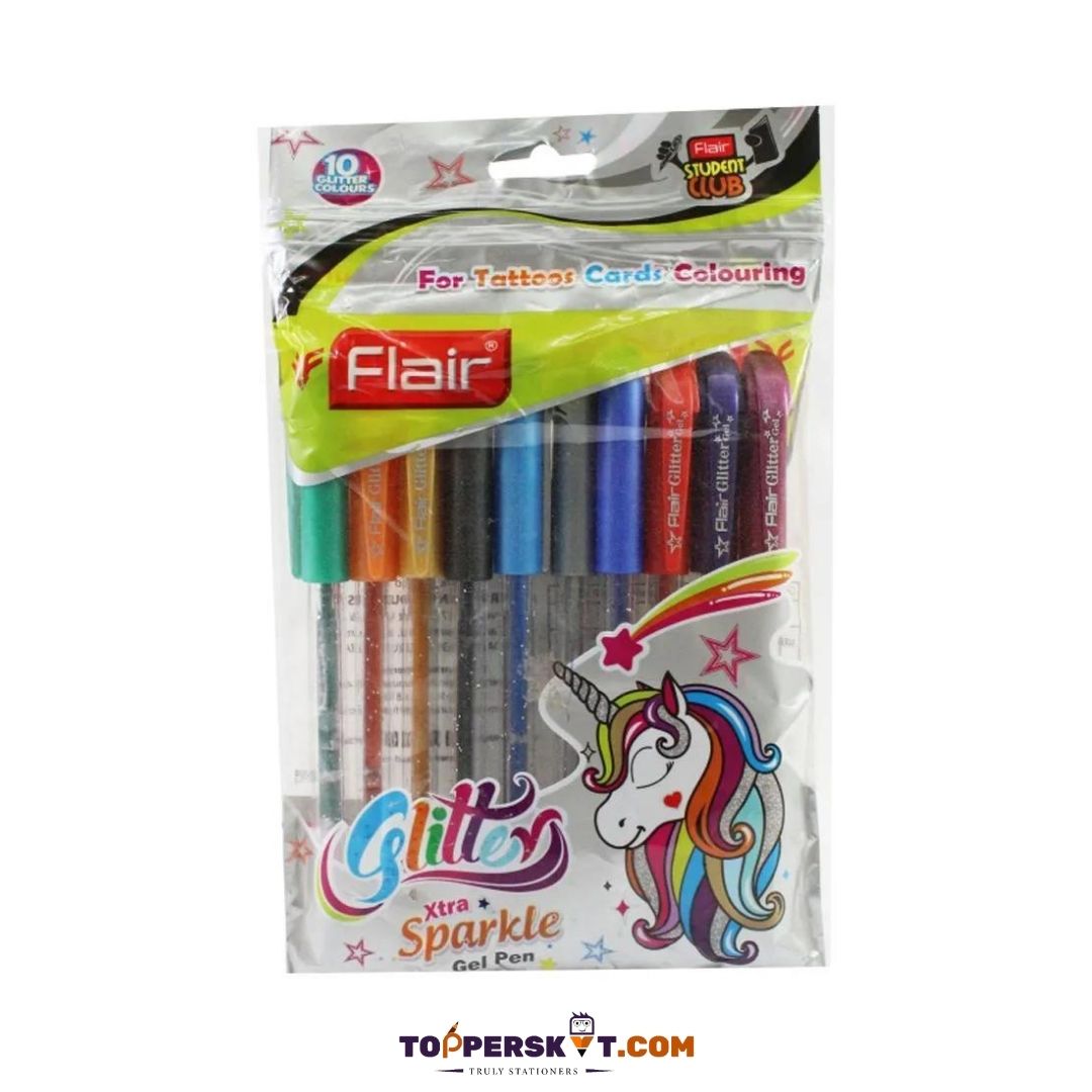 Flair Glitter Xtra Sparkle Gel Pens - Multicolour : Effortlessly Glamorous Writing in School and Office ( Pack of 10 ) - Topperskit LLP