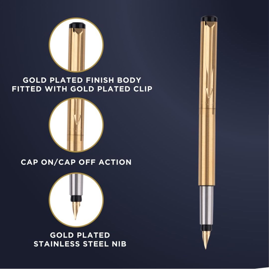 Parker Vector Gold Fountain Pen - Elegant Design, Smooth Writing - Blue (Pack of 1)