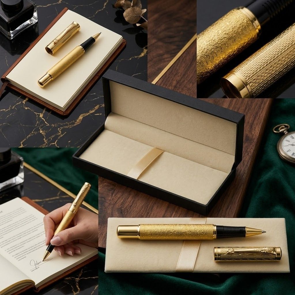 Luxury Golden Textured Metal Rollerball Pen with Premium Gift Box- Blue Ink (Pack of 1)