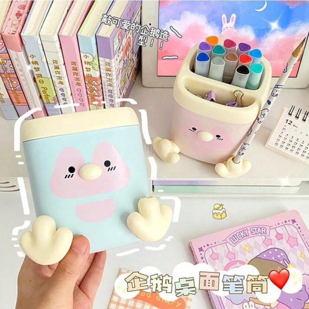 Square Plastic Pen Stand with Cute Duck Design (Pack of 1)