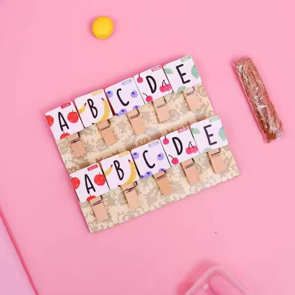 Mini Wooden Alphabet Print Photo Hanging Clips with 1 Meter Thread (Pack of 10)