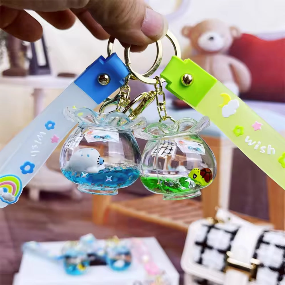 Large Cute Ocean Floating Liquid Fish Tank Keychain Bag Pendant