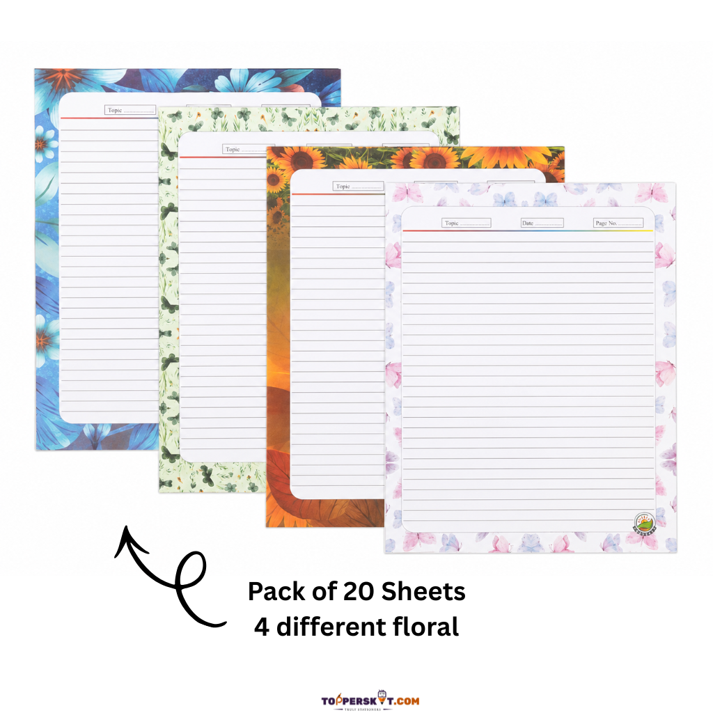 Premium Designer Ruled Sheets – Floral Border Stationery (Set of 20 Sheets)