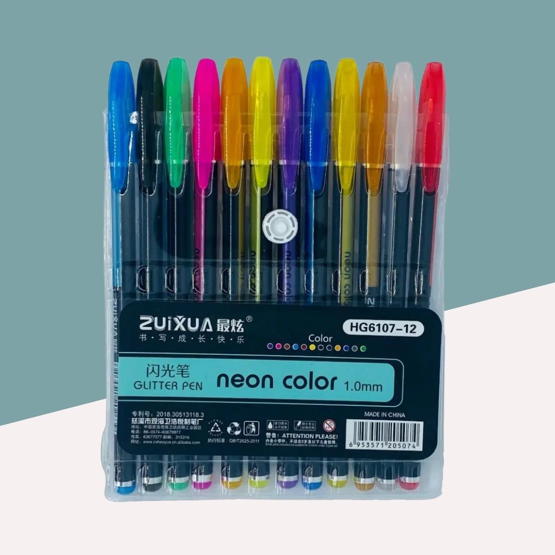 Sparkling Neon Color Glitter Pen Set: Add Radiance to Your Creations ( Pack of 12 ) - Topperskit LLP