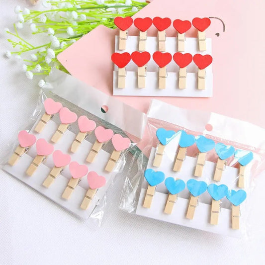 Mini Wooden Heart Shape Photo Hanging Clips with 1 Meter Thread (Pack of 10)