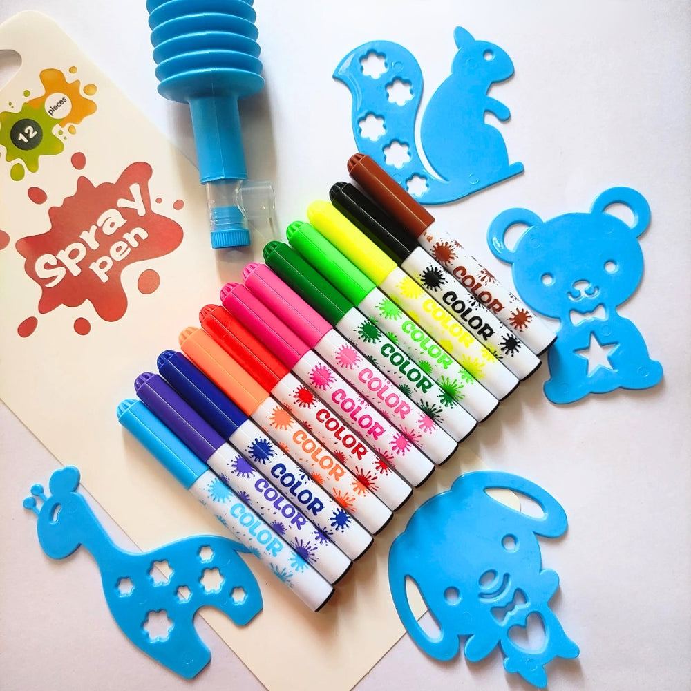 Color Spray Art Marker Pen Set with Animal Stencil & Spray Pump (Pack of 12)