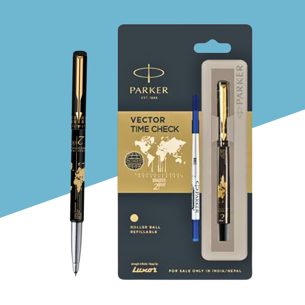 Parker Vector Time Check Gold Trim Roller Ball Refillable Pen – Blue Ink (Pack of 1)