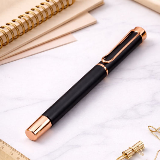 Elegant Matte Black Metal Roller Ball Pen With Luxury Box– Blue Ink (Pack of 1)