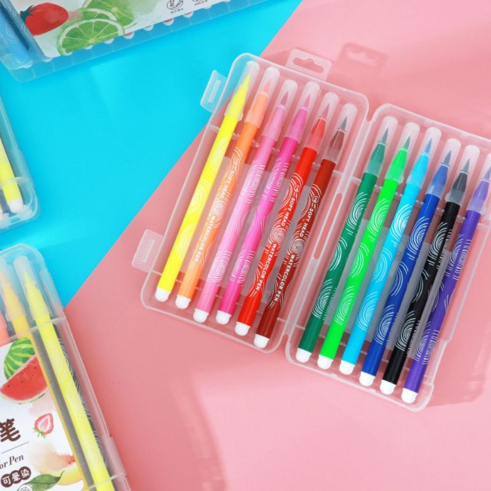 Brush Color Pens With Plastic Box Packing (Pack of 12)