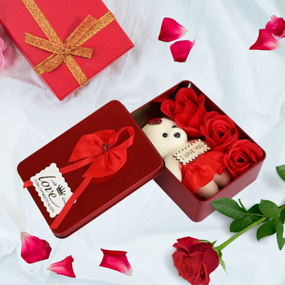 Rectangle Red Tin Box with Teddy & Rose – Elegant Gift Box (Pack of 1)