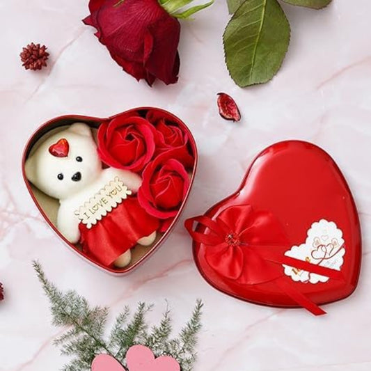 Large Heart-Shaped Red Tin Box with Teddy & Rose – Best Valentine Gift (Pack of 1)