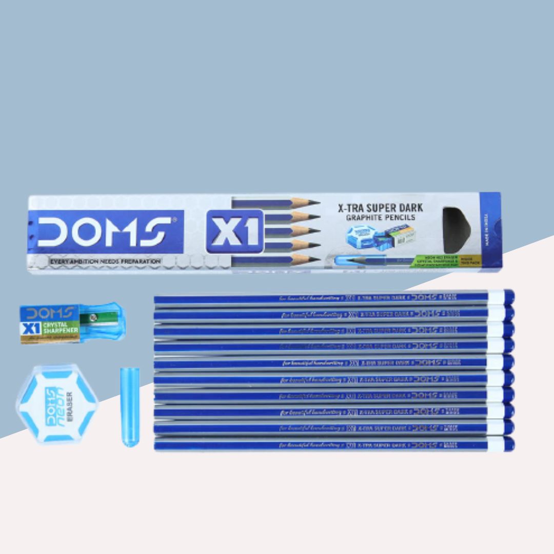 Doms X1 Super Dark Pencils with Eraser, Sharpener, and Cap for Precision Writing Excellence ( Pack of 10 ) - Topperskit LLP