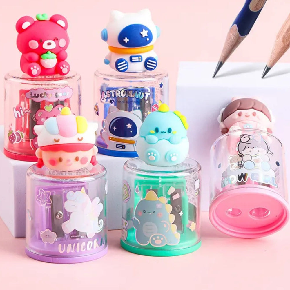 Cute Fancy Double Hole Sharpener with Adorable Characters (Pack of 1)