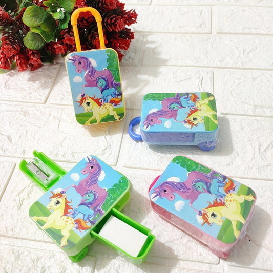 Unicorn Sharpener Eraser Suitcase Shape - Cute Trolley Bag Stationery for Kids (Pack of 1)