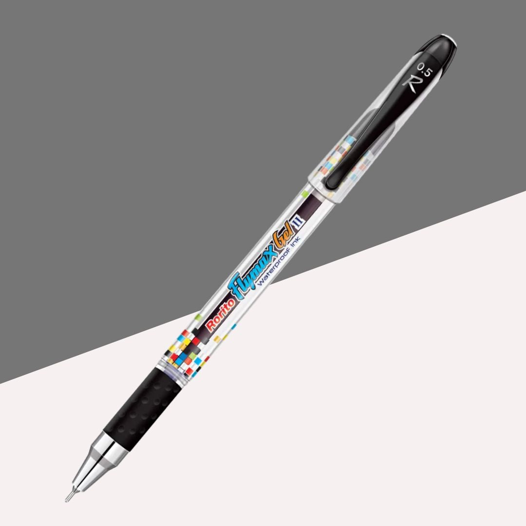 Rorito Flymax Gel 2 Gel Pen – Black: Waterproof Ink, 0.5mm Tip, Soft Grip, Sturdy and Trendy Design ( Pack of 1 ) - Topperskit LLP