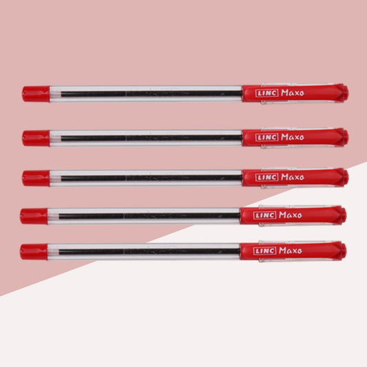 Linc Maxo Fine Ball Pen  – Red : Rediscover Smooth Writing with Easy Flow Ink Technology ( Pack of 5 ) - Topperskit LLP