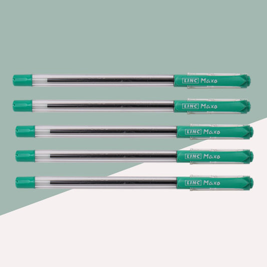 Linc Maxo Fine Ball Pen  – Green : Rediscover Smooth Writing with Easy Flow Ink Technology ( Pack of 5 ) - Topperskit LLP