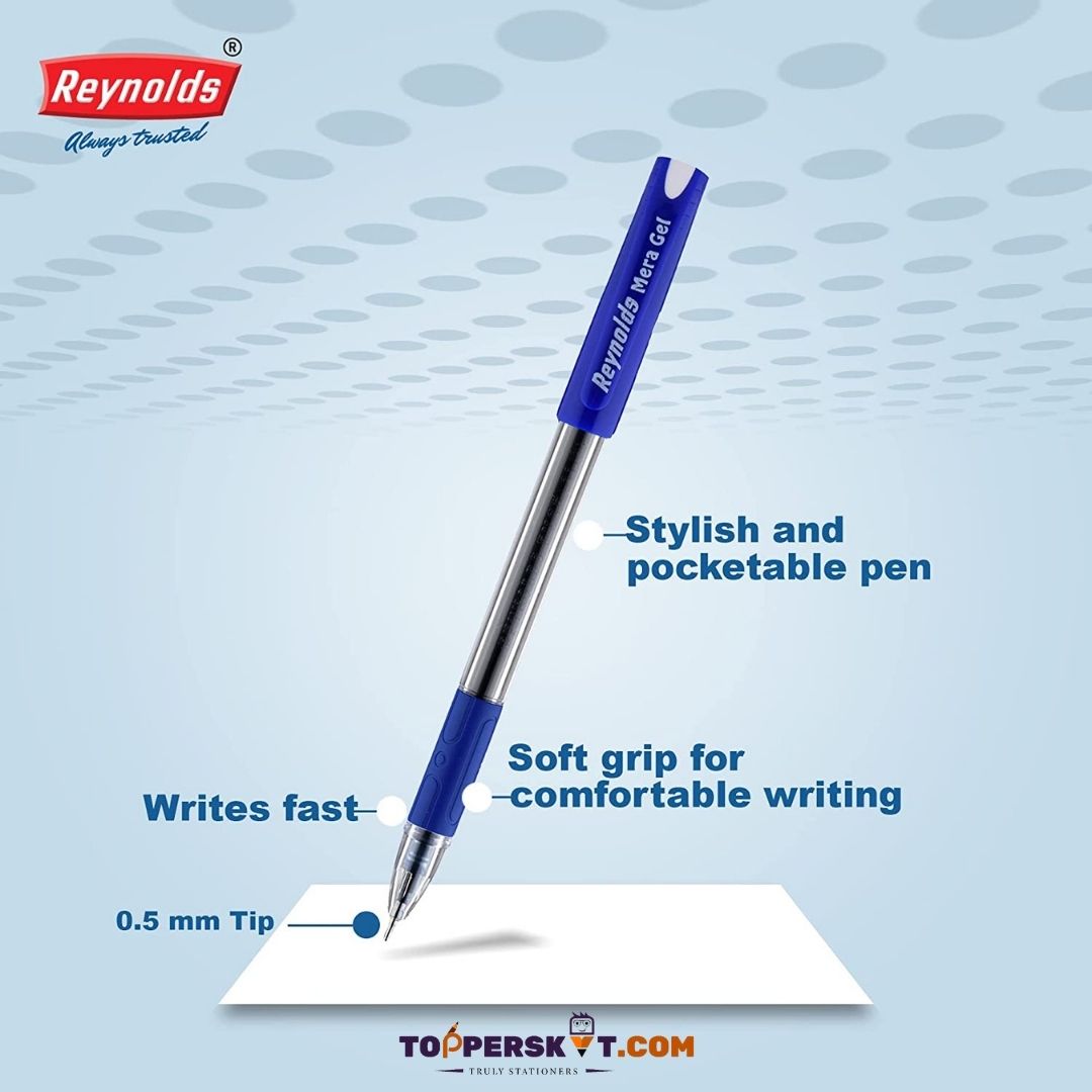 Reynolds Mera Gel Pen  – Blue : Stylish, Fast, and Efficient Writing Experience ( Pack of 5 ) - Topperskit LLP