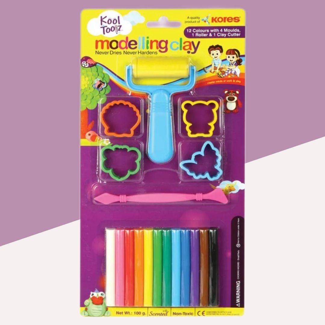 Kores Modelling Clay - 165 gm :  Vibrant Colours With Moulds, Roller & Cutter: Unleash Creative Potential and Endless Fun ( Pack of 1 ) - Topperskit LLP