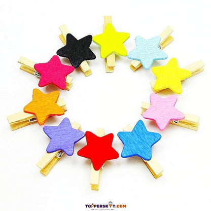 Mini Wooden Star Shape Photo Hanging Clips with 1 Meter Thread (Pack of 10)