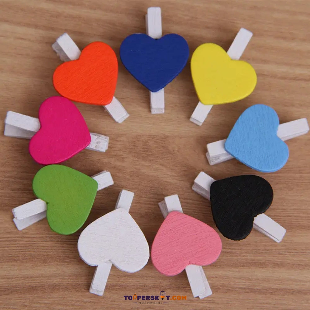 Mini Wooden Heart Shape Photo Hanging Clips with 1 Meter Thread (Pack of 10)