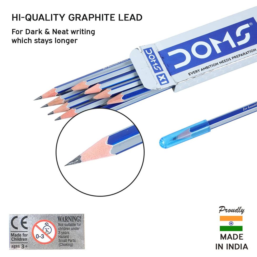 Doms X1 Super Dark Pencils with Eraser, Sharpener, and Cap for Precision Writing Excellence ( Pack of 10 )