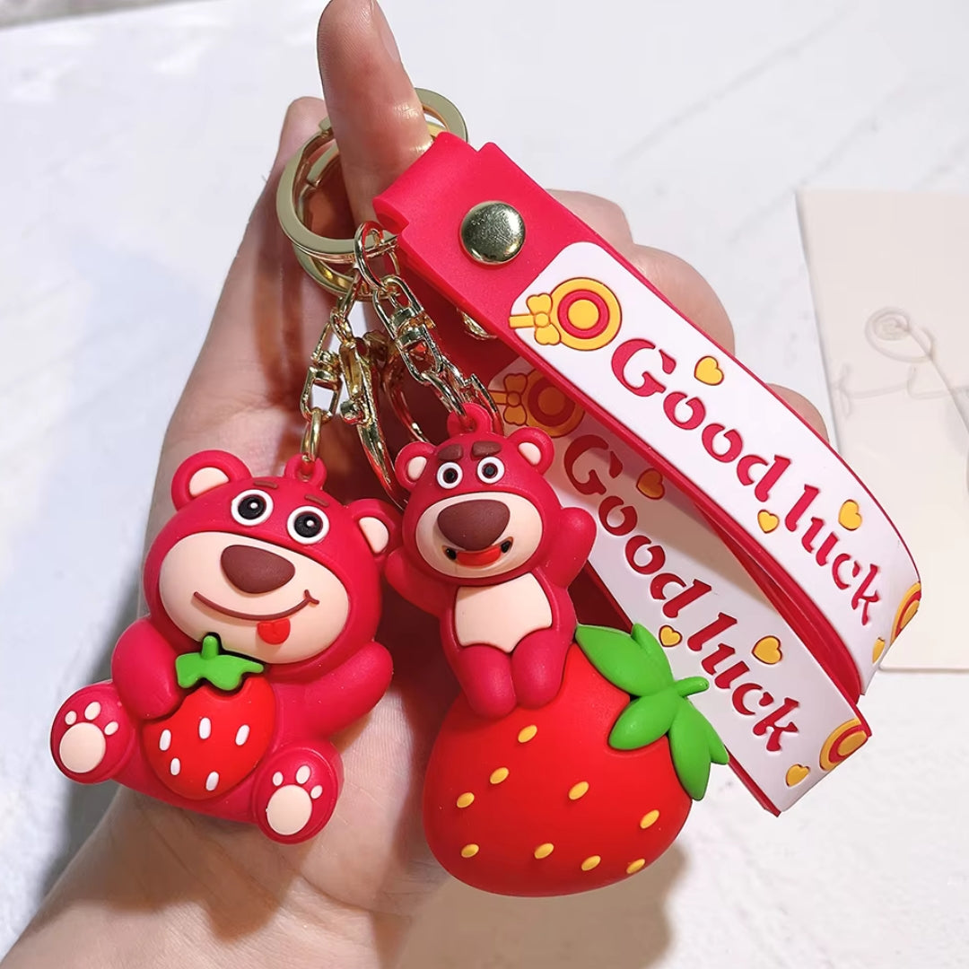 3D Rubber Silicone Strawberry Bear Cartoon Keychain (Pack of 1)