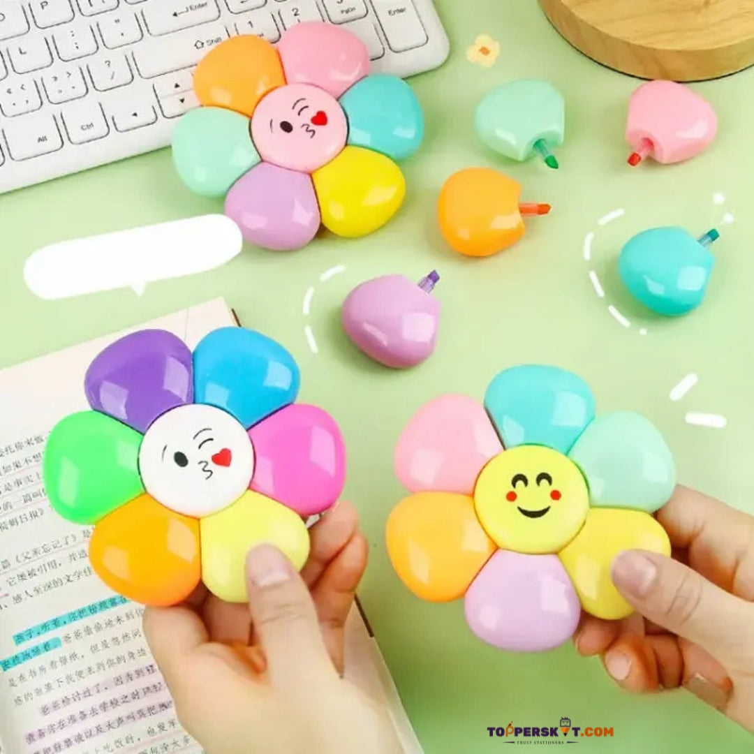 Sunflower Shape Mini Highlighters –Cute Assorted Color Markers for Kids (Set of 6)